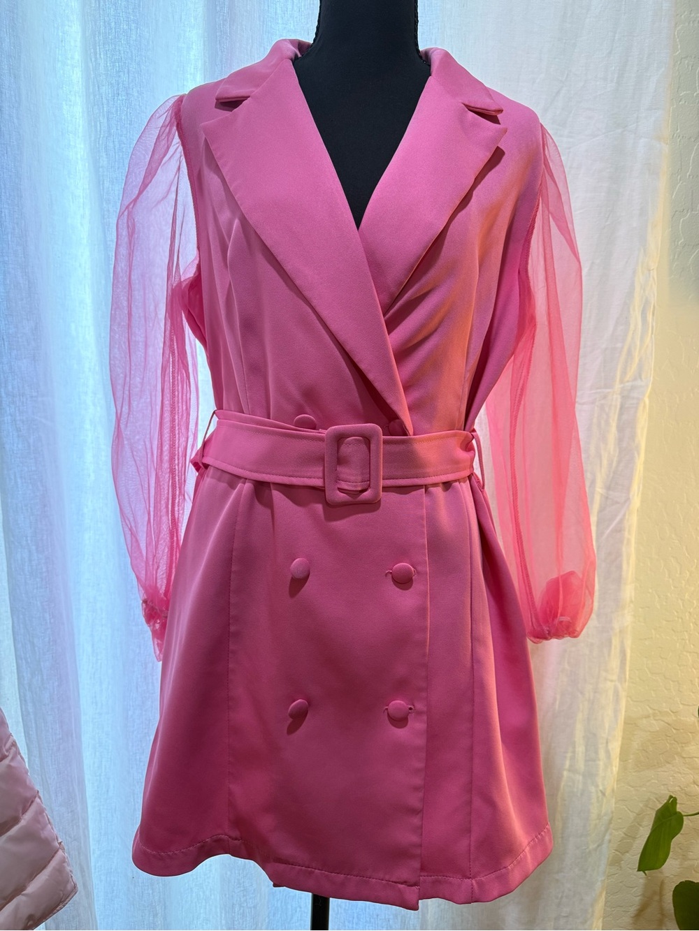 SHEIN Pink Blazer Dress Sheer Mesh Sleeves Belted Double Breasted Size Large - Picture 2 of 4